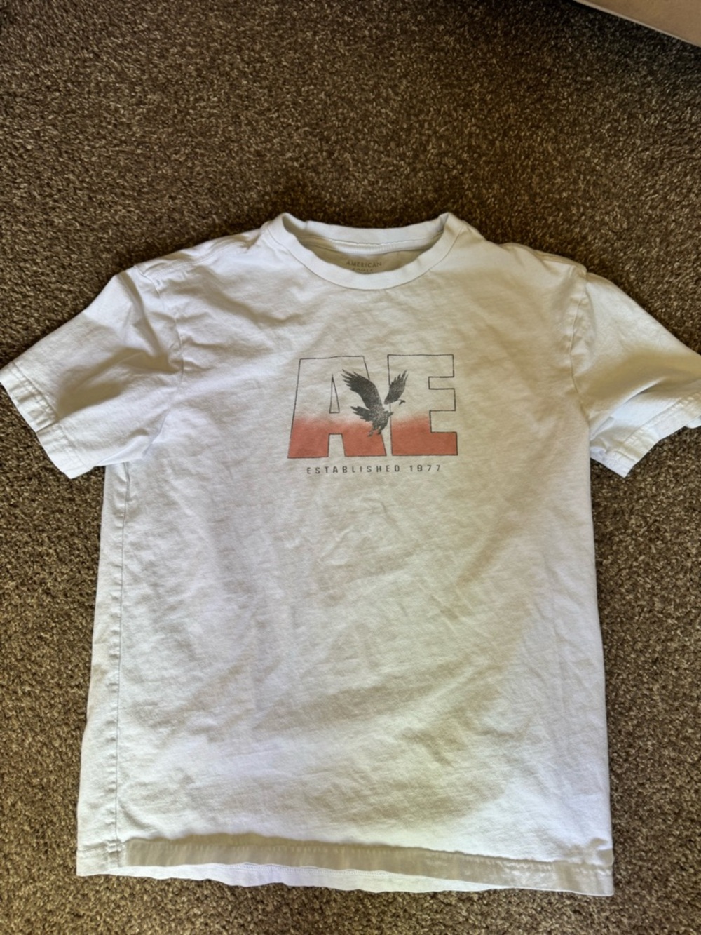 American Eagle Outfitters White Tee with Red Gradient AE Logo - Men